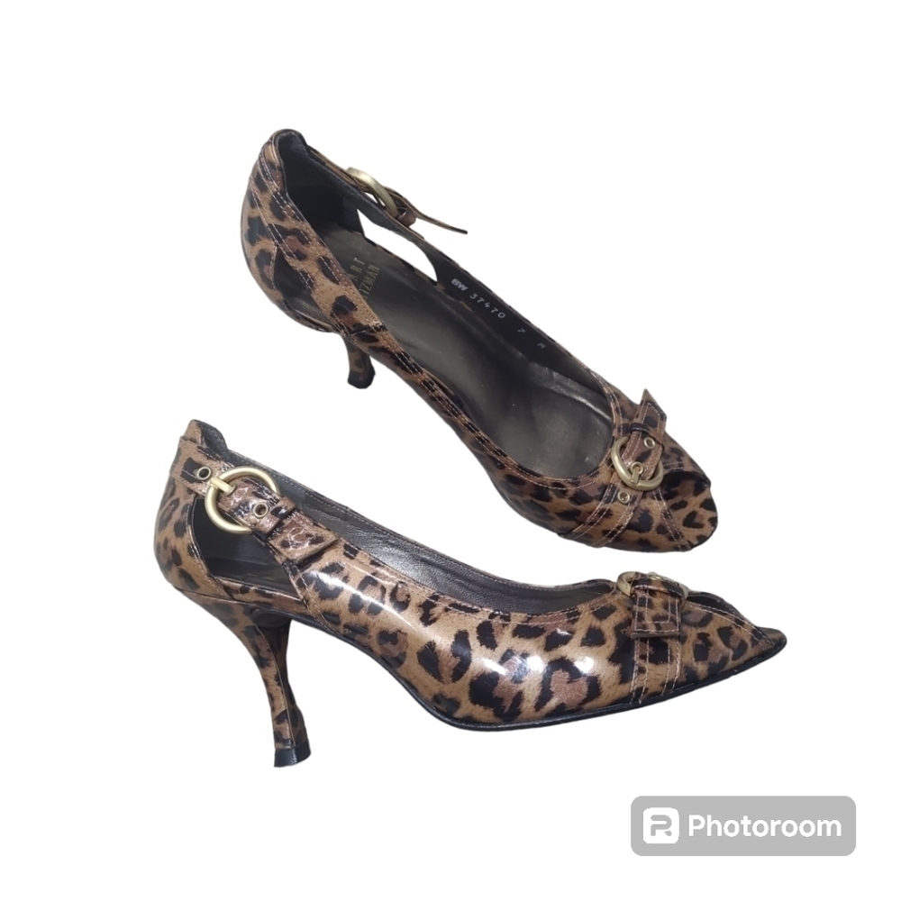 Stuart Weitzman Patent Chatup Cashew lacquer Leather Peep Toe Heel Pump Size 7 M - Picture 3 of 13
